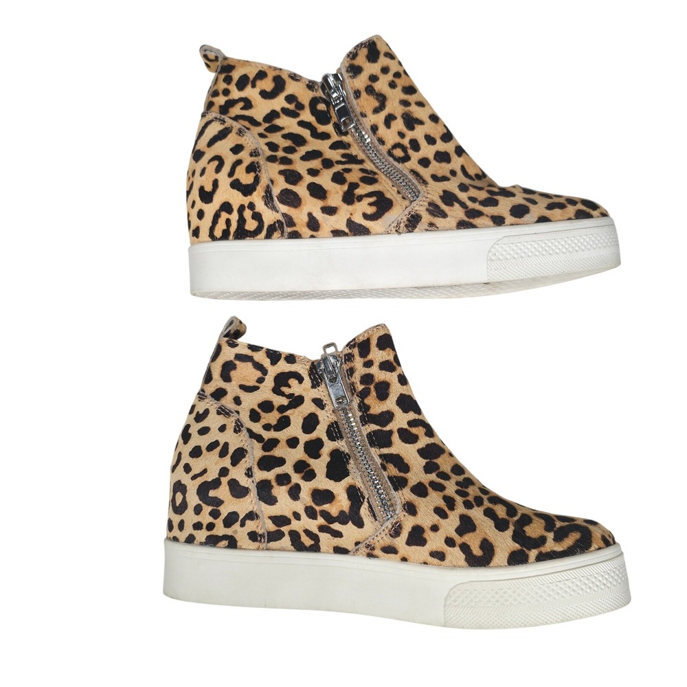 Steve Madden Wedgie Leopard Cow Hair Leather Hidden Wedge Zip Up Sneakers 8M